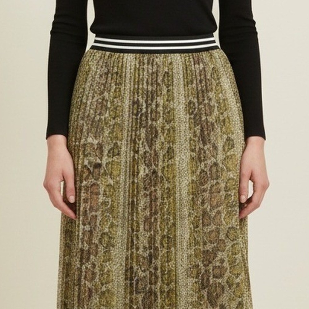 Mystree NWT Pleated Maxi Skirt Womens S Olive Snakeprint Mauve Border Boho